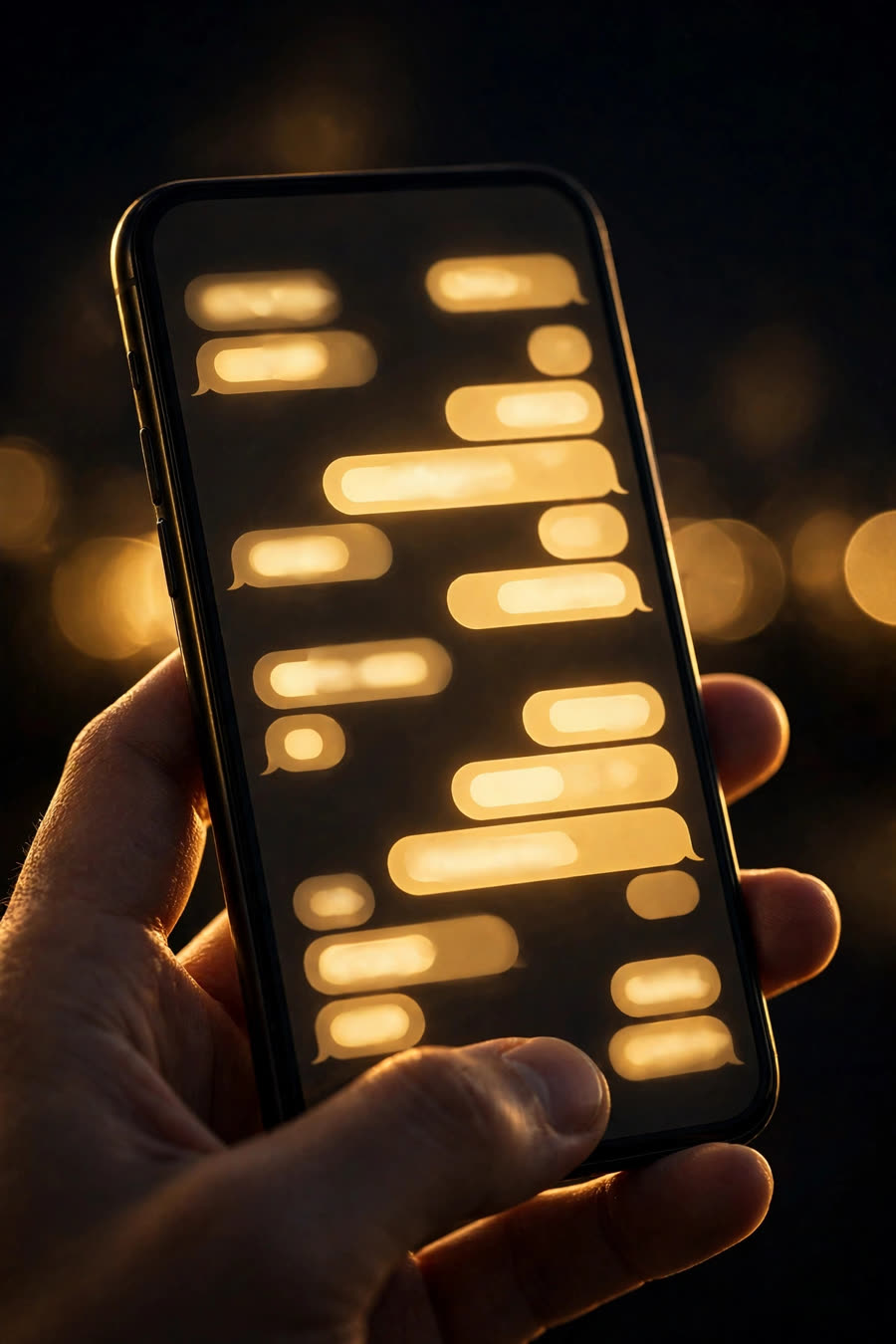 Smartphone glowing with golden chat bubbles — Alice answering a customer inquiry