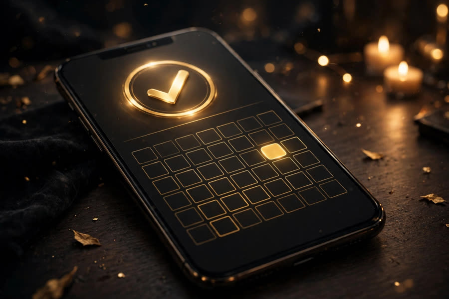 Phone calendar with a golden checkmark and one day highlighted — Alice booking the job