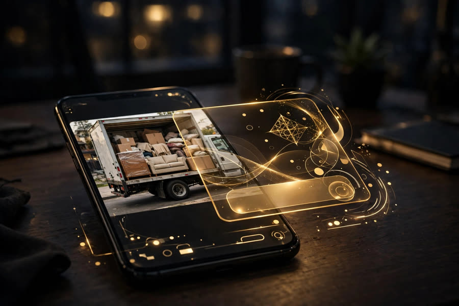 Phone showing a photo of a loaded moving truck with a golden quote card — Alice quoting from a photo