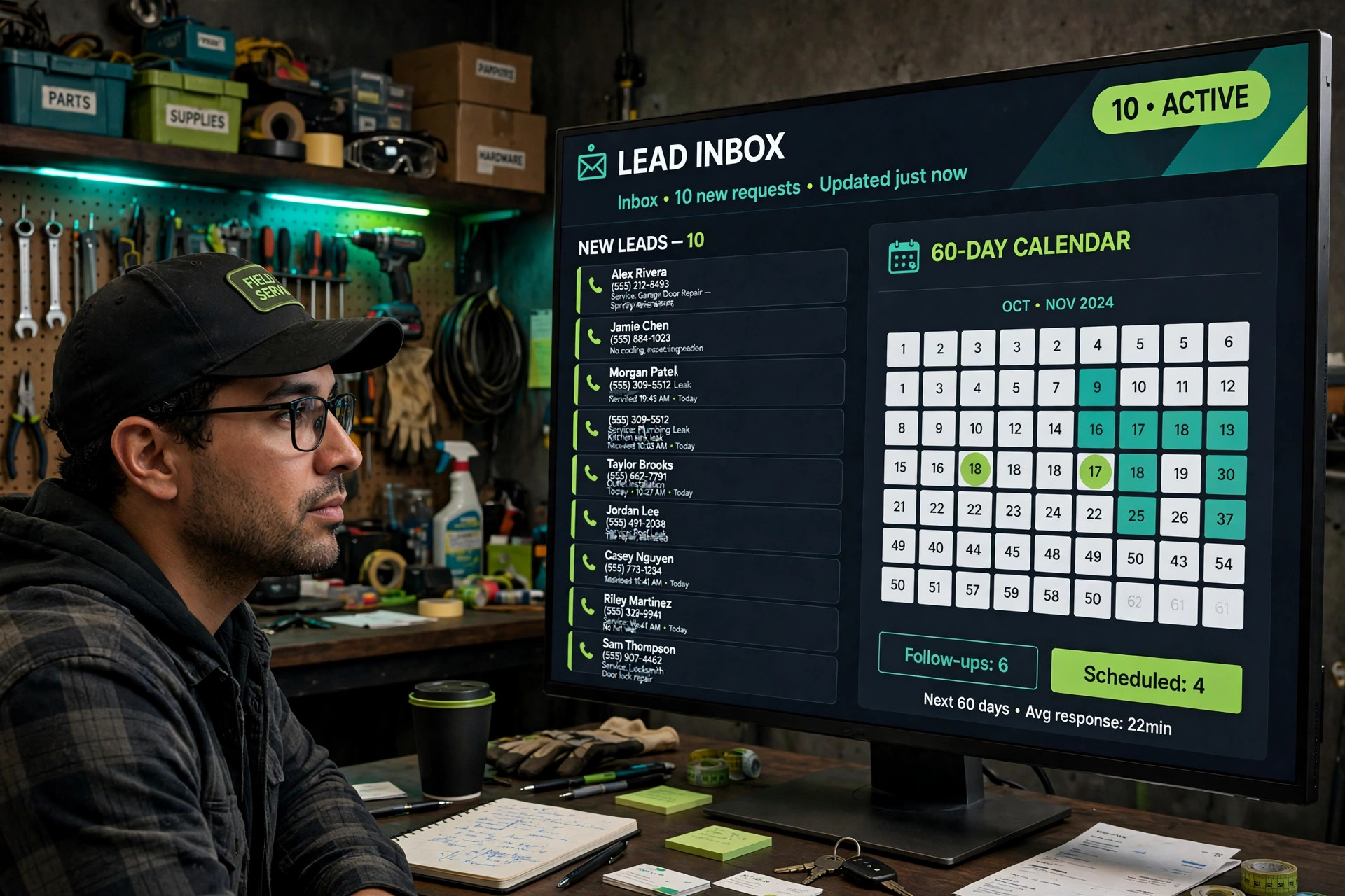 A service business owner in his workshop looking at a monitor showing a lead inbox with ten new qualified leads and a 60-day calendar