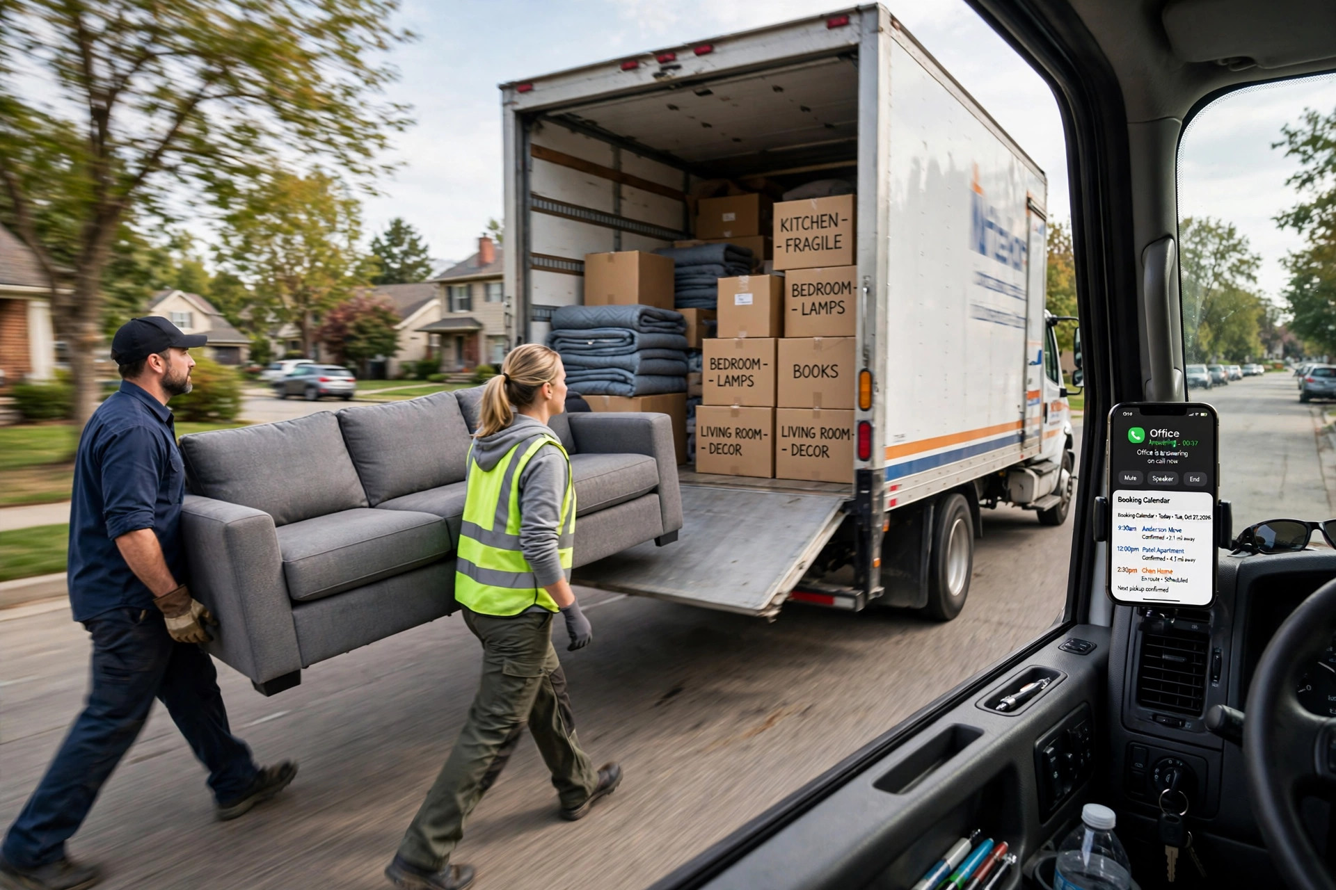 Two movers carrying a sofa toward a loaded moving truck while a phone mounted in the cab shows the office answering a call and a booking calendar filling