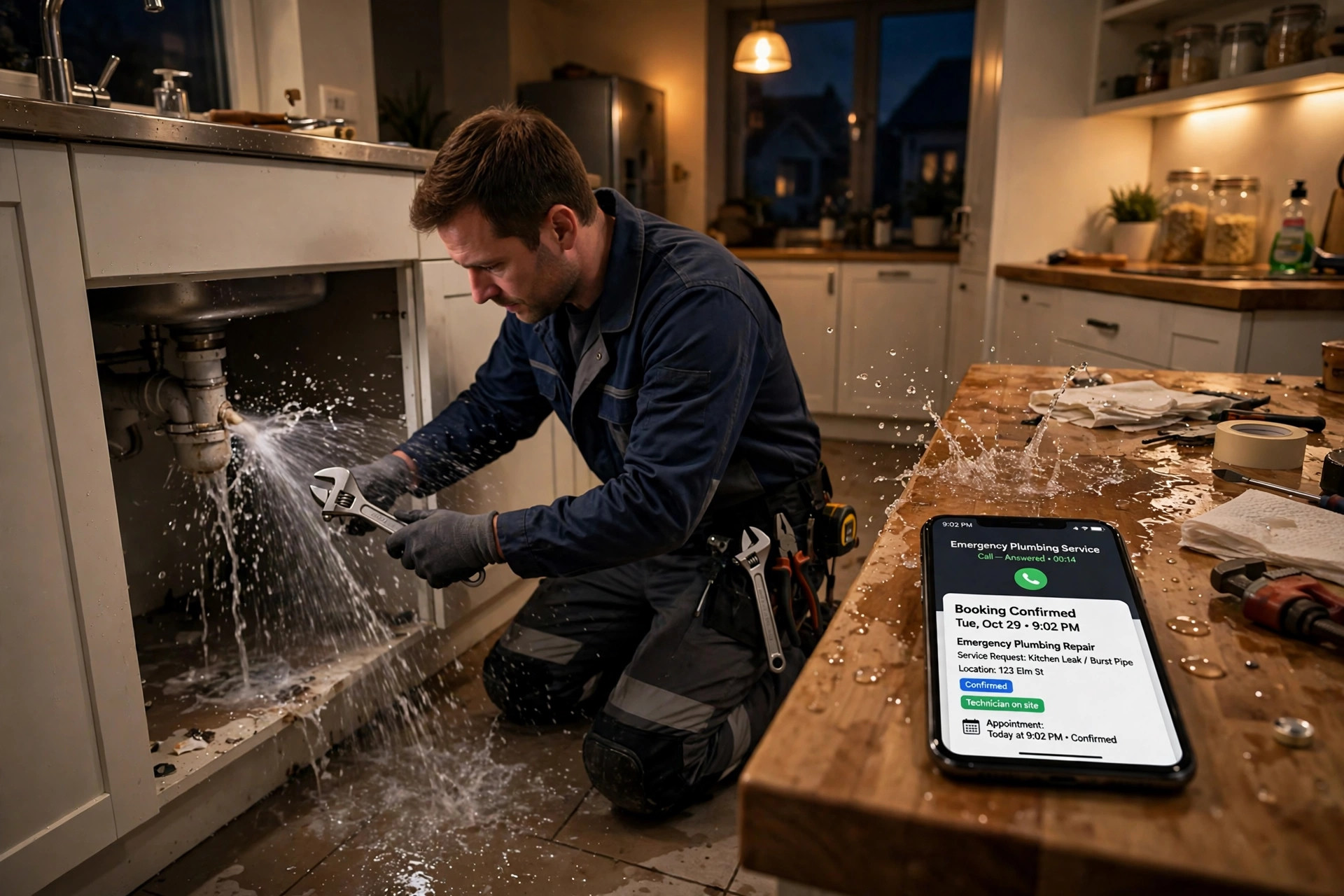 A plumber kneeling under a kitchen sink at night fixing a burst pipe with water spraying, while a smartphone on the counter shows an emergency call answered and a booking confirmed for 9:02 PM