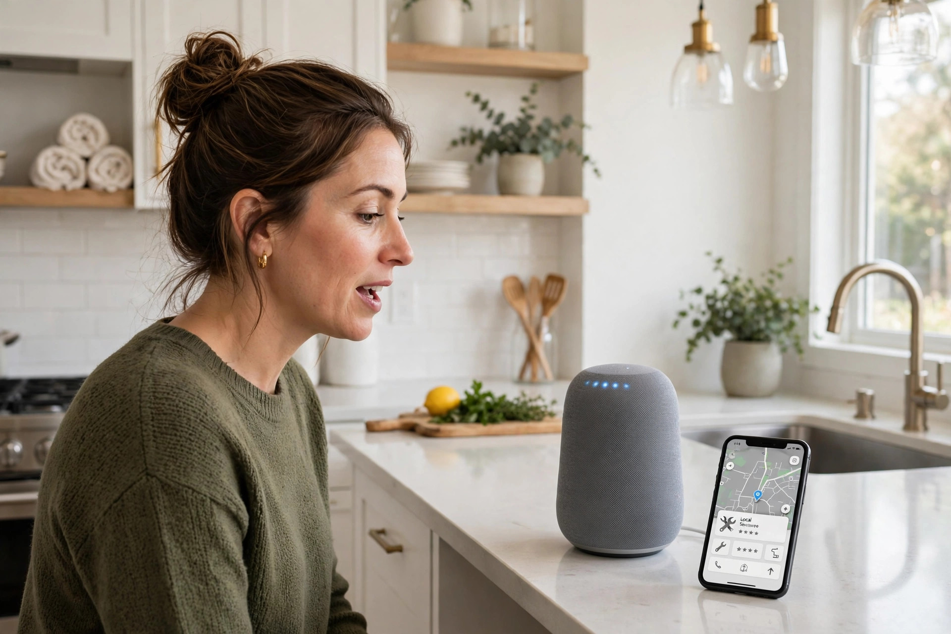A homeowner in her kitchen speaking to a smart speaker on the counter, asking it to find a local service business, with a phone beside it showing a local listing on a map
