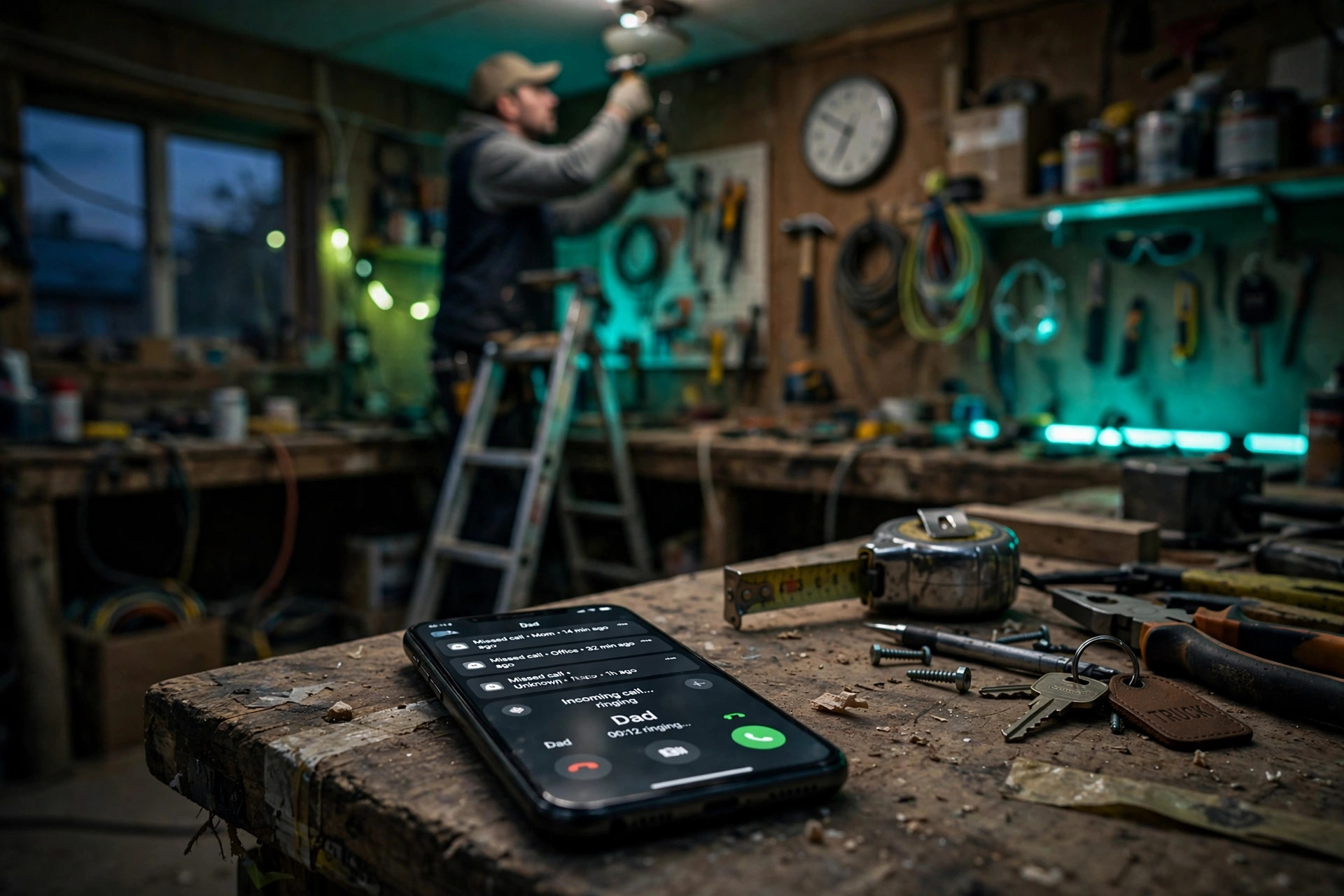 A contractor's phone on a workbench showing missed call notifications while he works on a ladder
