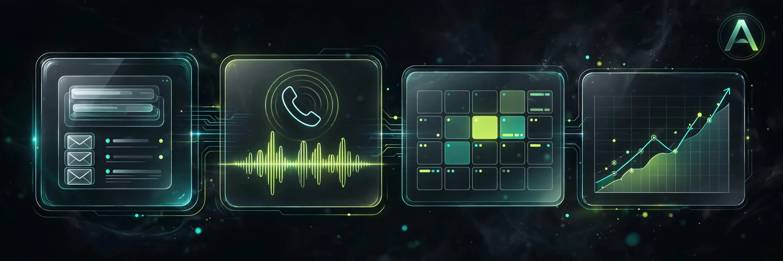 Alice AI Office Hub dashboard: inbox, answered calls, a filling booking calendar and rising bookings