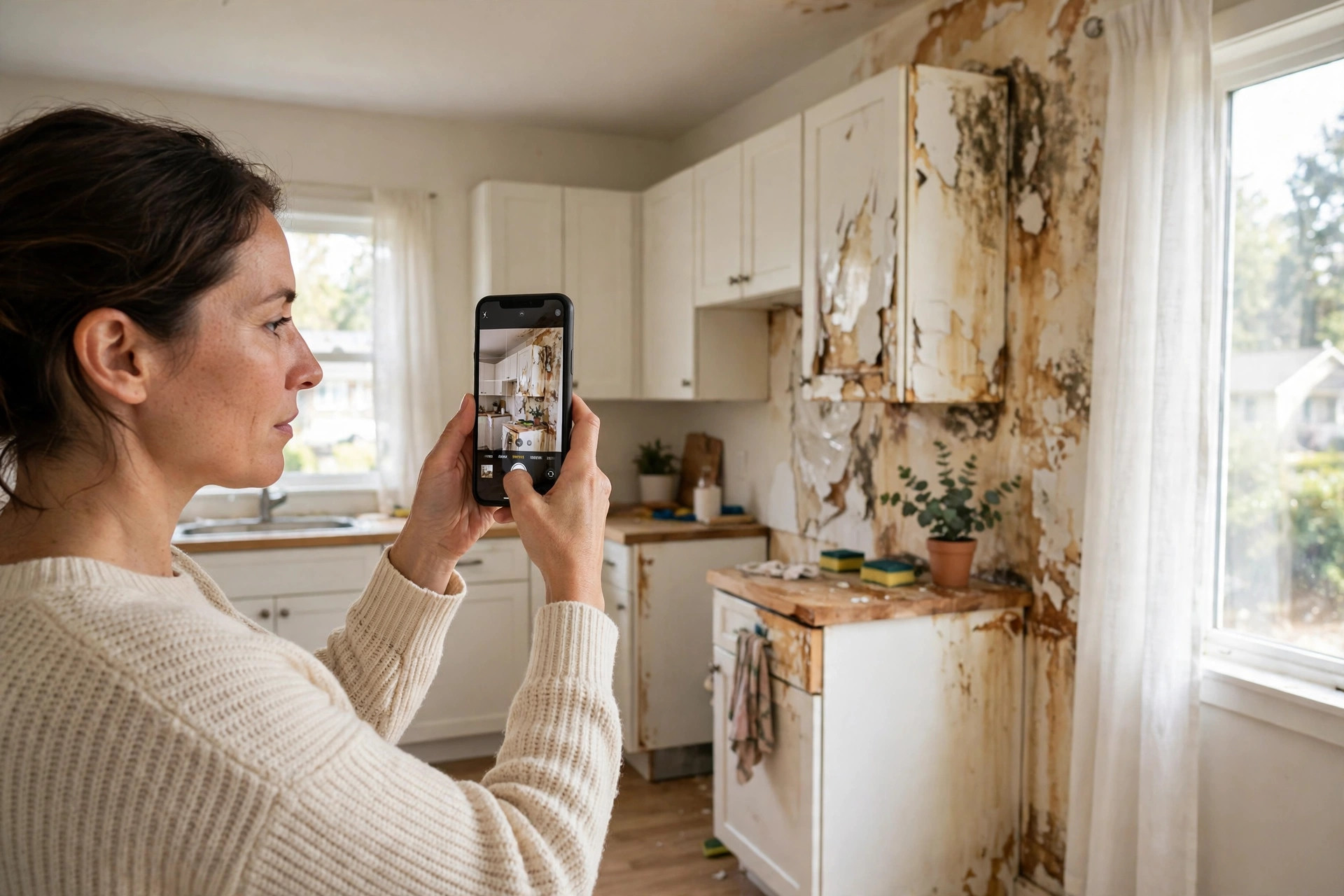 A homeowner holding up a smartphone to photograph water-damaged kitchen cabinets and a stained wall