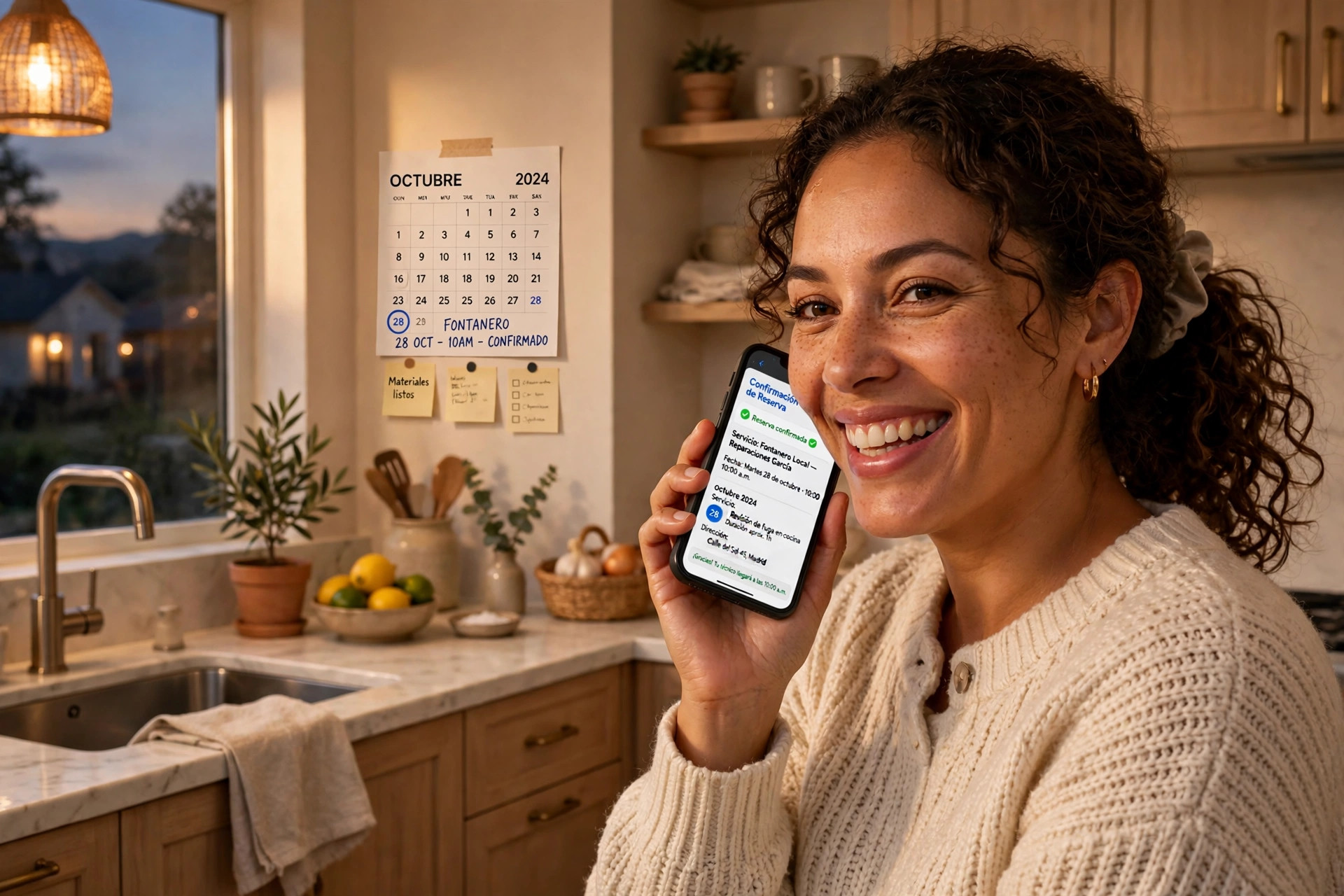 Una clienta en su cocina, sonriendo mientras habla por teléfono y ve en la pantalla la confirmación de su reserva en español para un fontanero