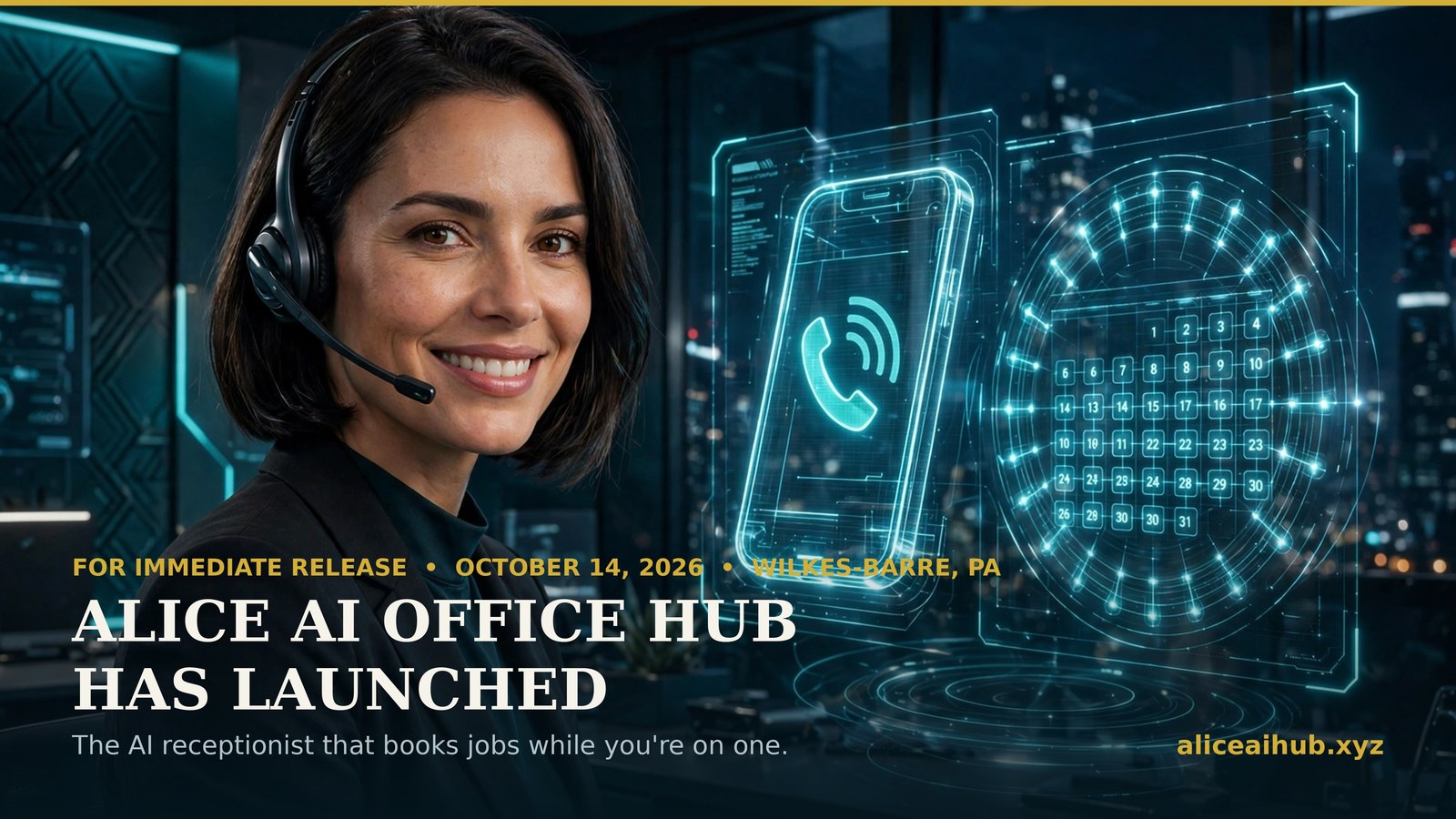 Alice, the AI receptionist from Alice AI Office Hub, answering a customer call beside a holographic booking calendar