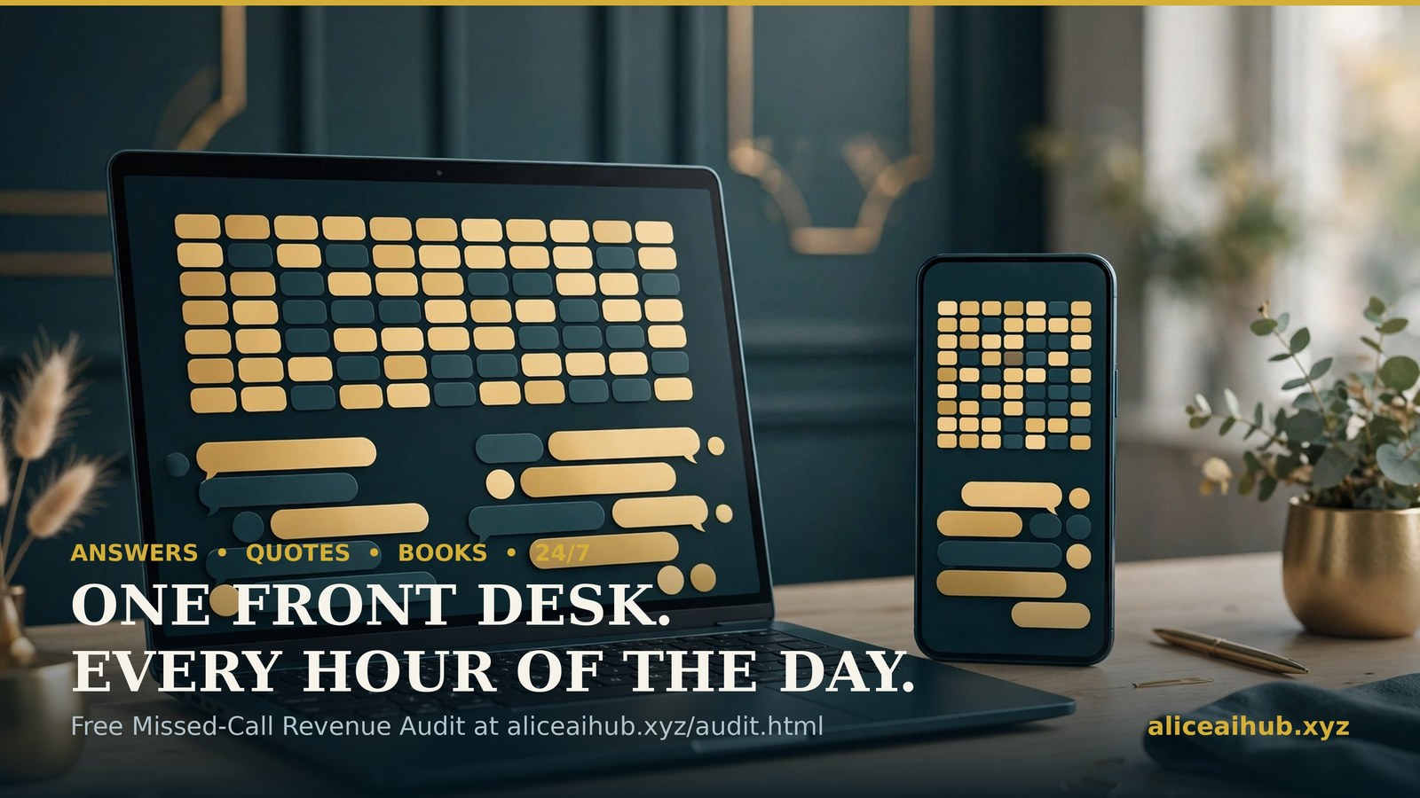 Alice AI Office Hub booking dashboard and customer chat on a laptop and smartphone