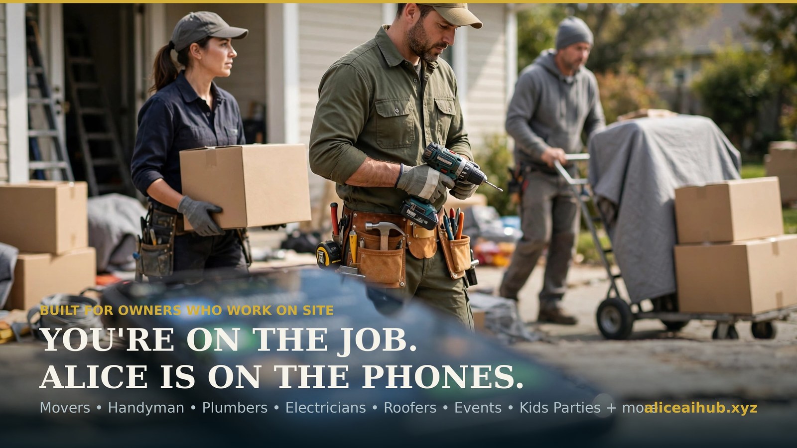 Movers and a handyman working on site at a customer's home while Alice AI answers the business phone